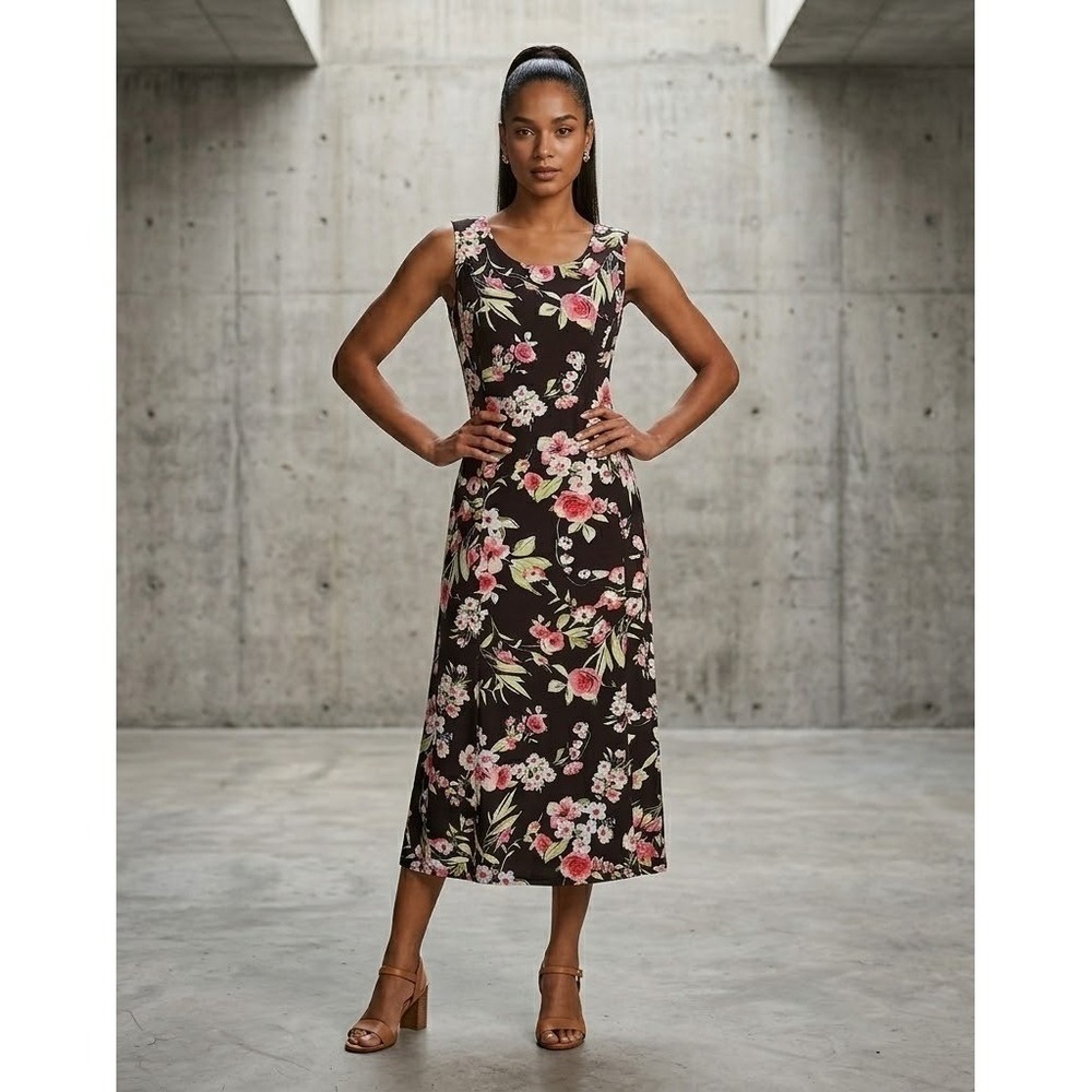 Danny & Nicole Womens 10P Black Pink Floral Midi A-Line Dress 10 Petite
